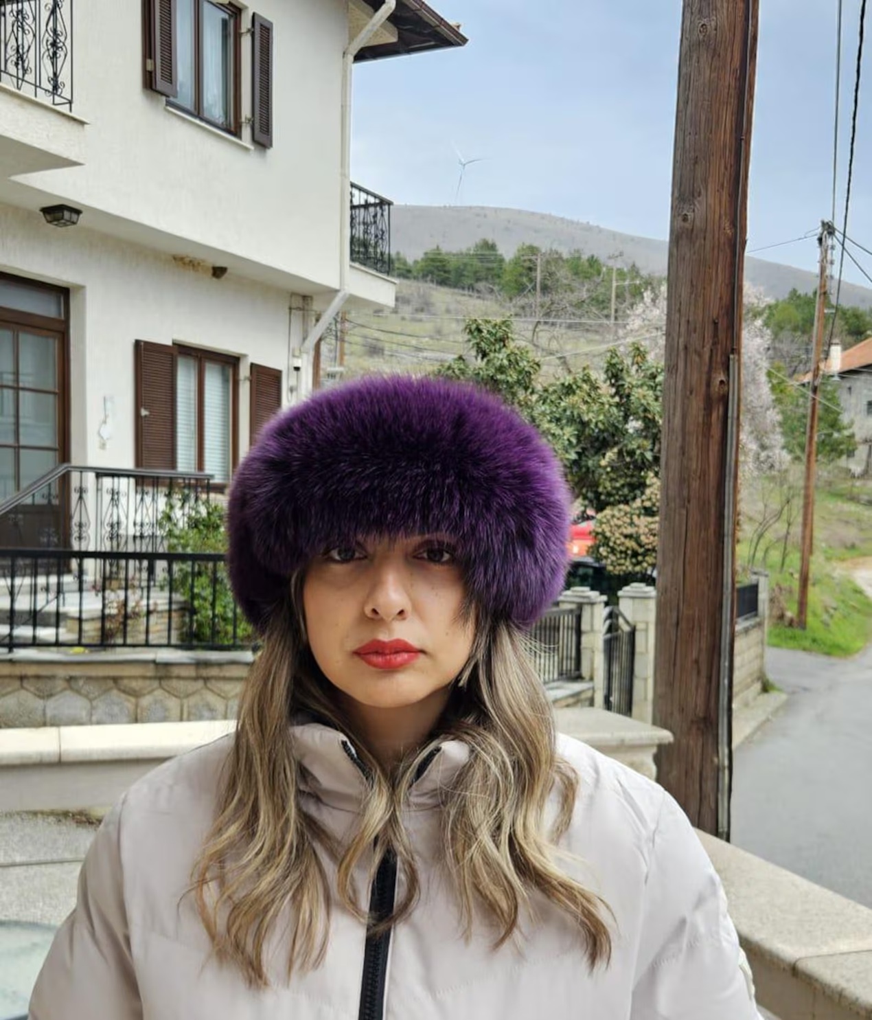 Real Fox Fur Headband in purple color the ideal Winter Earwarmer Accessory