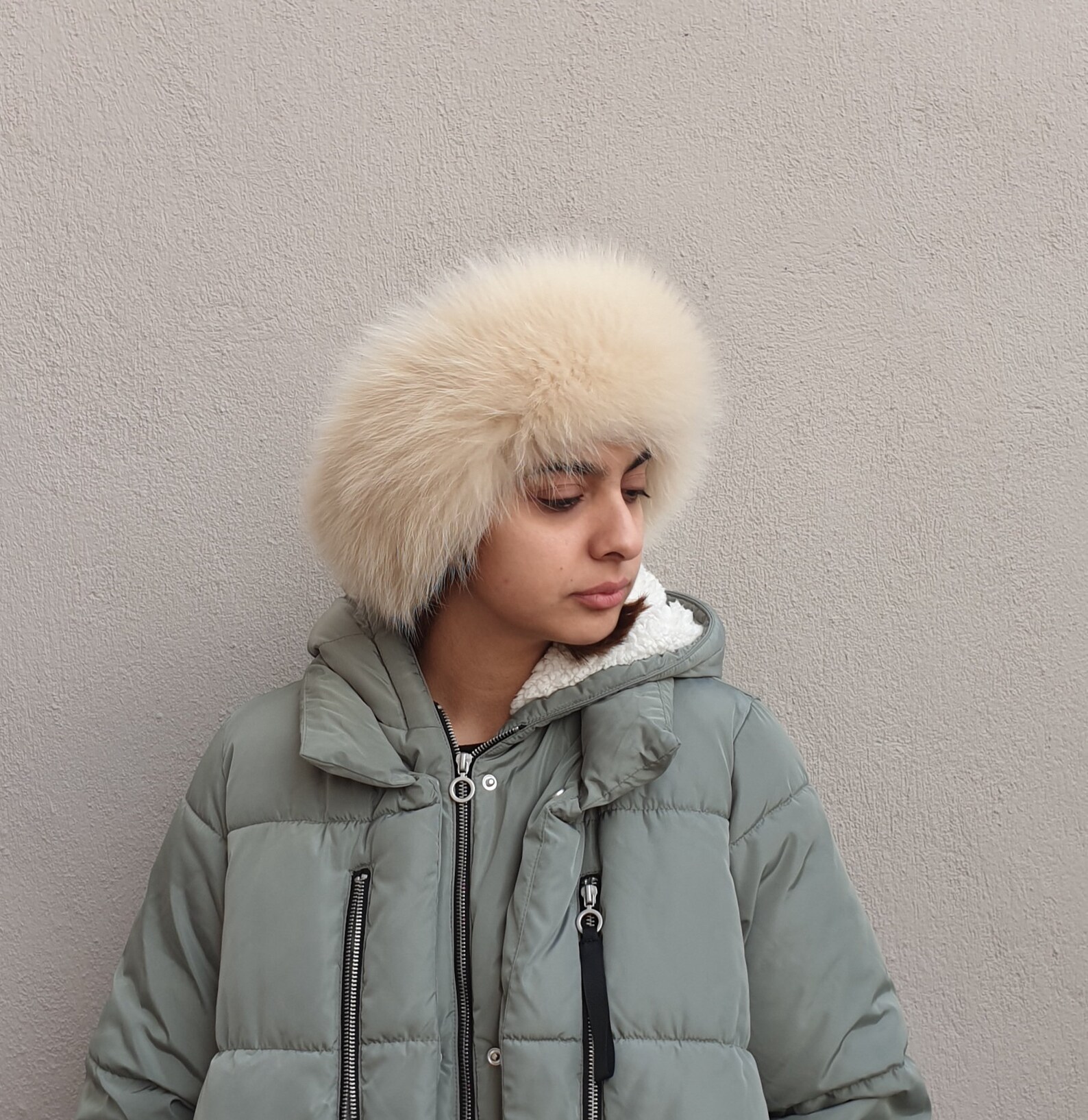 Real Fox Fur Headband in beige color the ideal Winter Earwarmer Accessory