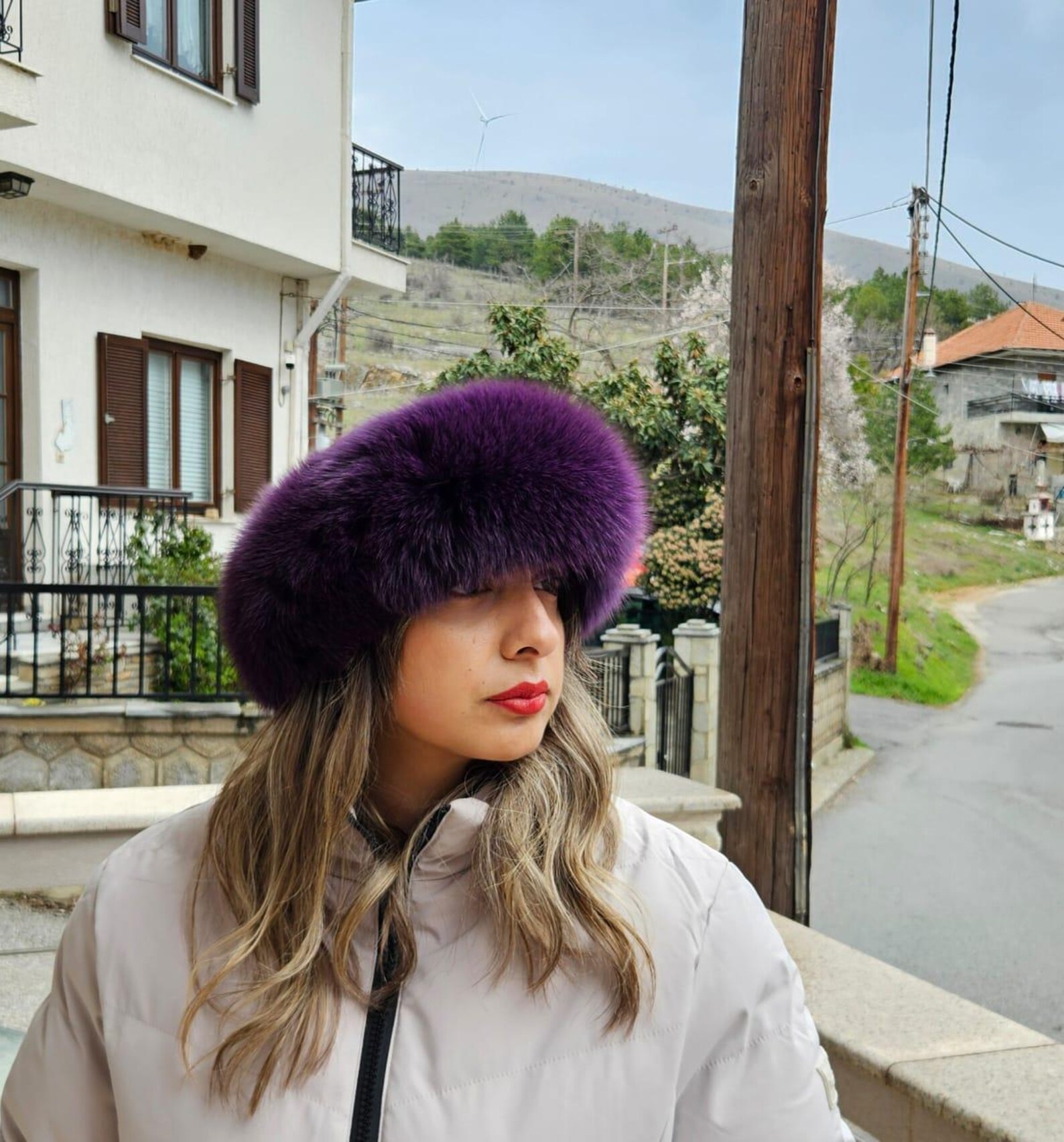 Real Fox Fur Headband in purple color the ideal Winter Earwarmer Accessory - Image 3