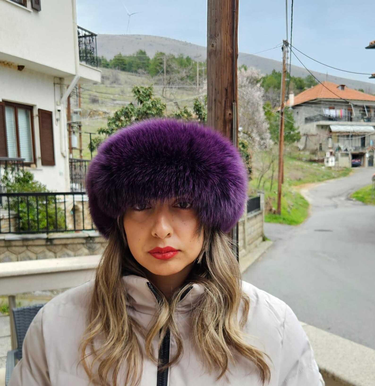 Real Fox Fur Headband in purple color the ideal Winter Earwarmer Accessory - Image 4