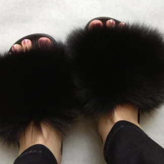 Real Fox Fur Slides in black color