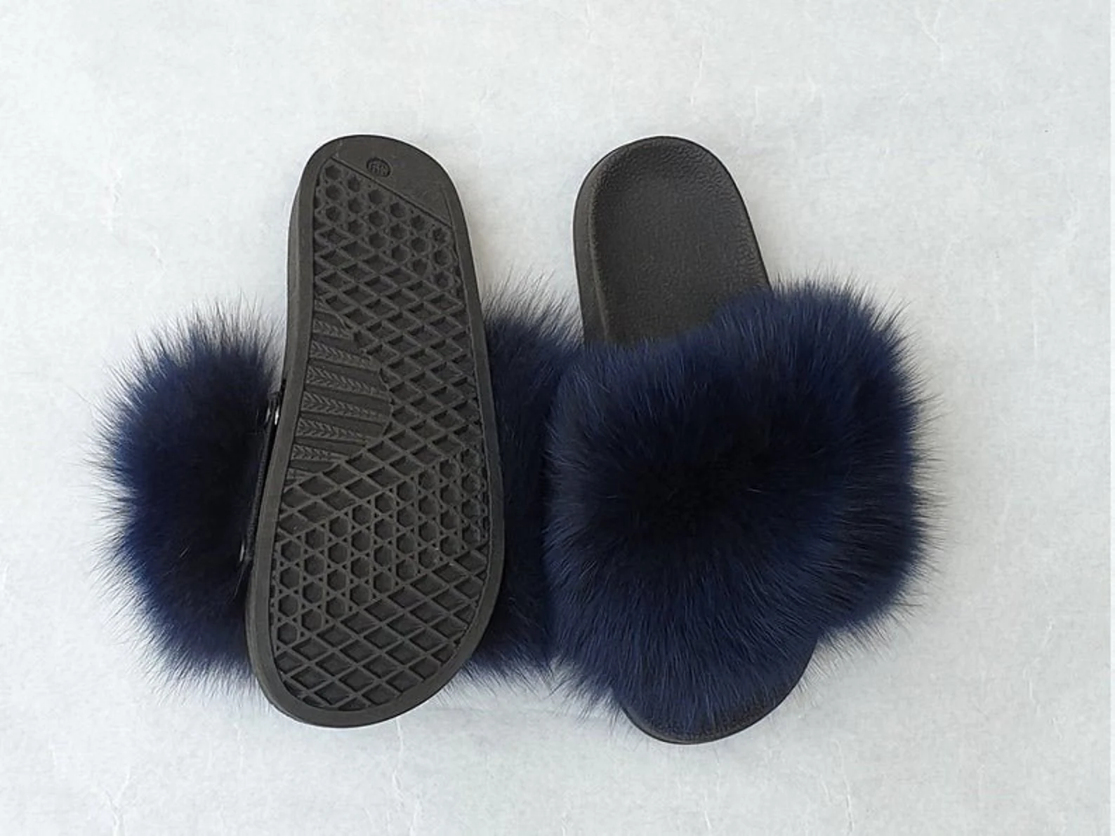 Real Fox Fur Slides in dark blue color - Image 3