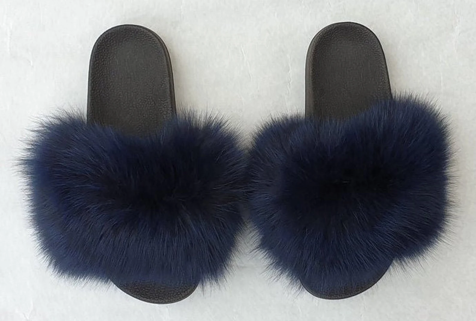 Real Fox Fur Slides in dark blue color - Image 2