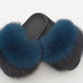 Real Fox Fur Slides in black and blue color