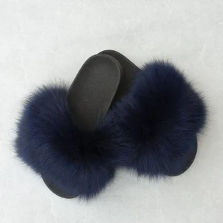 Real Fox Fur Slides in dark blue color