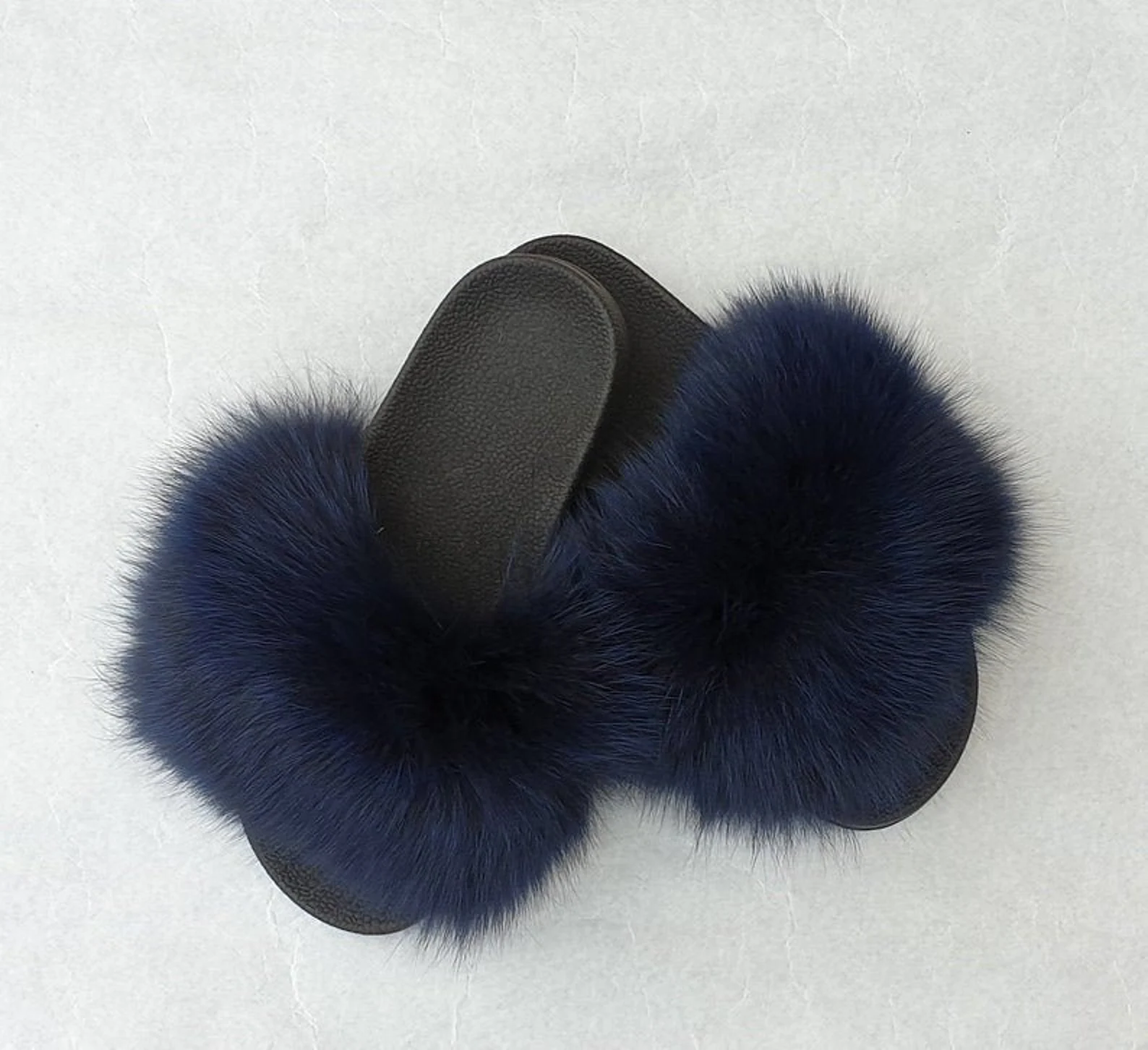 Real Fox Fur Slides in dark blue color
