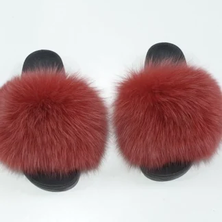 Real Fox Fur Slides in red color