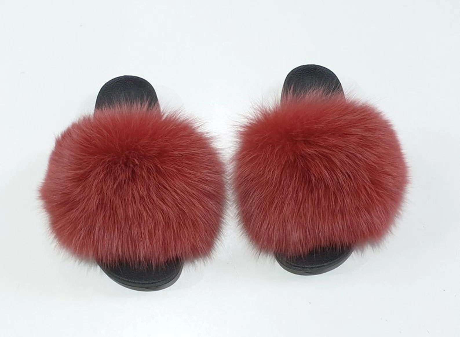 Real Fox Fur Slides in red color