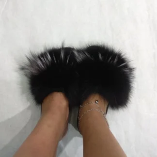 Real Fox Fur Slides in black color