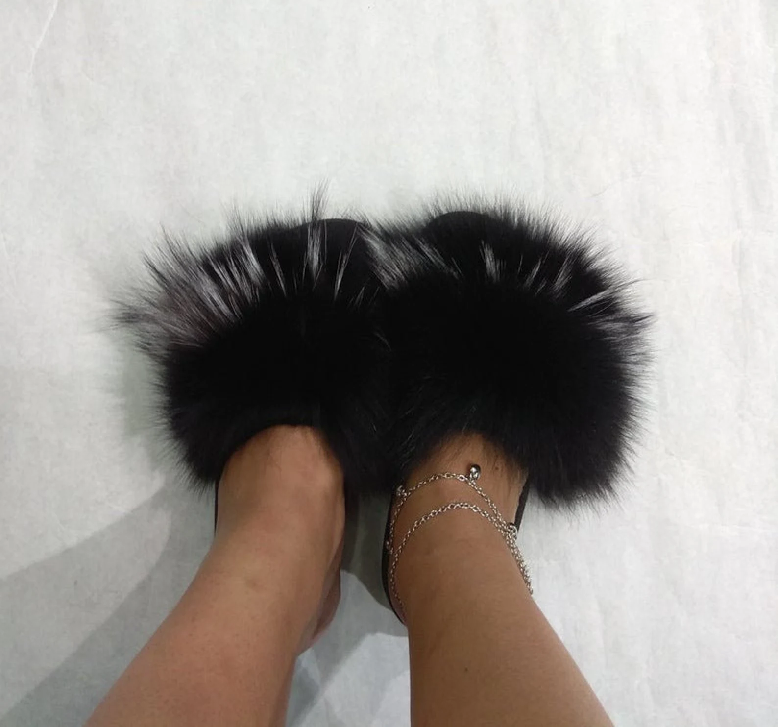 Real Fox Fur Slides in black color