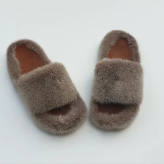 Real Mink Fur Slippers in brown color