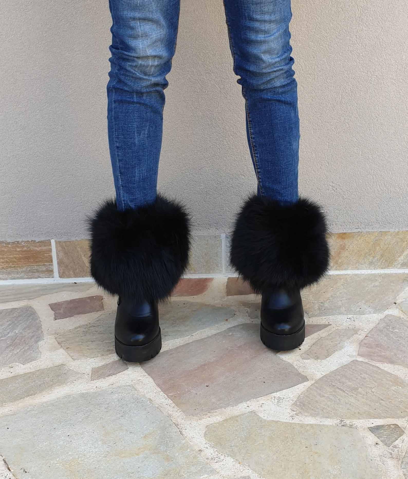 Real Fur Fox Small Boot Cuffs in black color - Image 2
