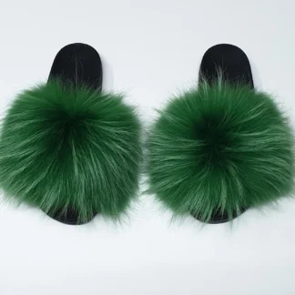 Real Fox Fur Slides in green color