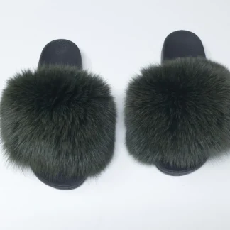 Real Fox Fur Slides in dark green color