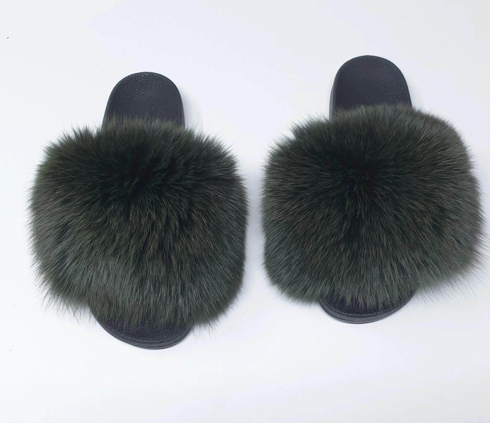 Real Fox Fur Slides in dark green color