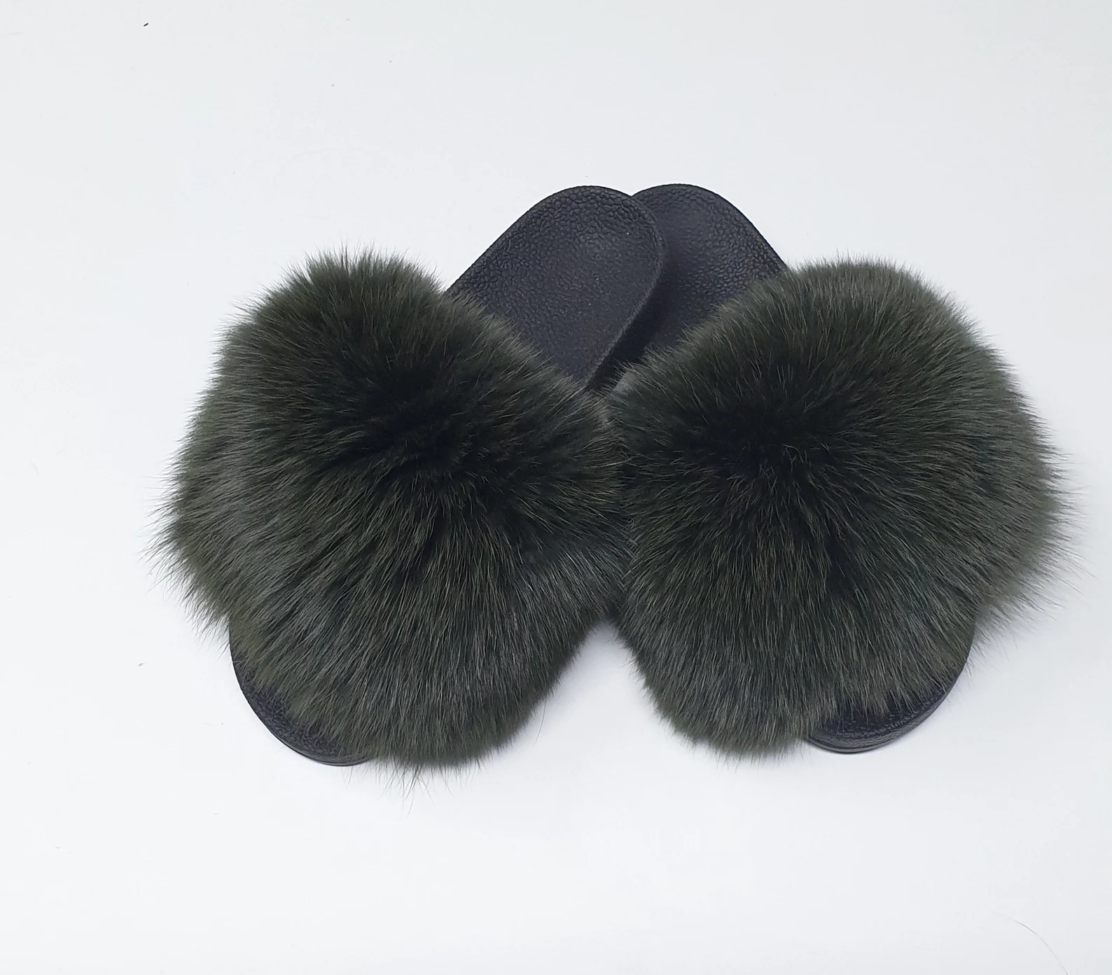Real Fox Fur Slides in dark green color - Image 2