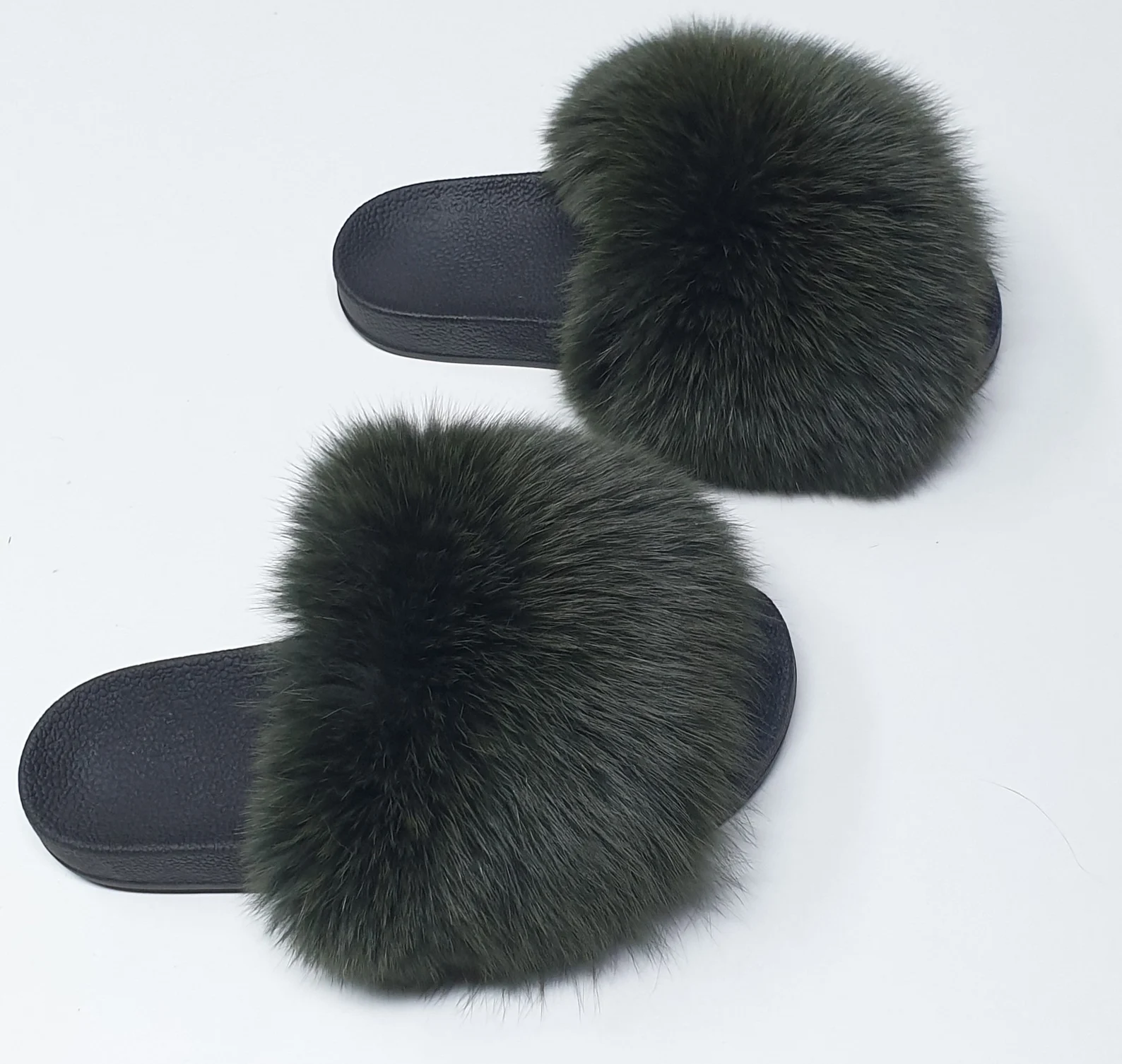 Real Fox Fur Slides in dark green color - Image 3