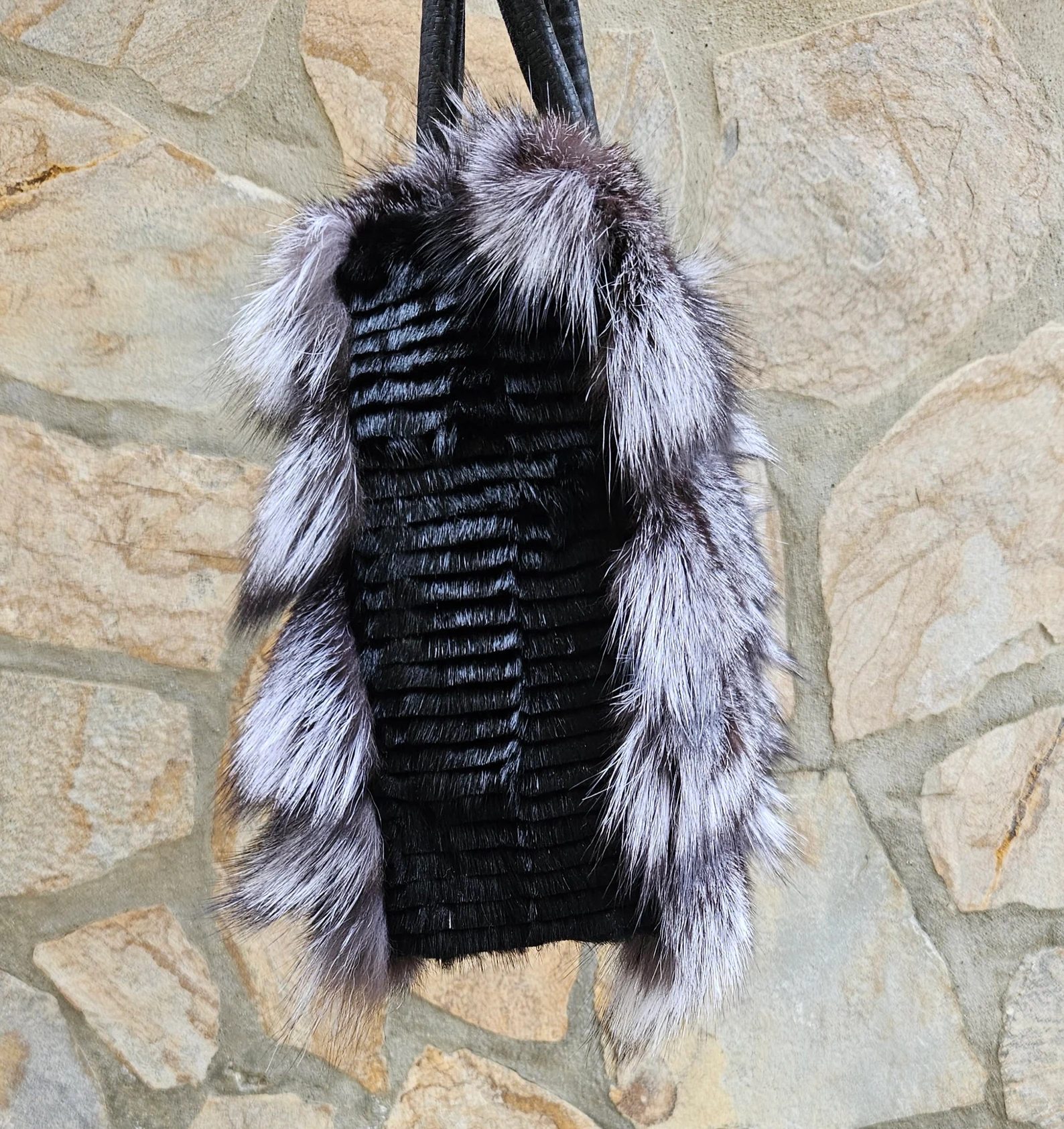 Real Fox - Rex Rabbit Fur Shoulder Bag with leather details in silver color - Image 3