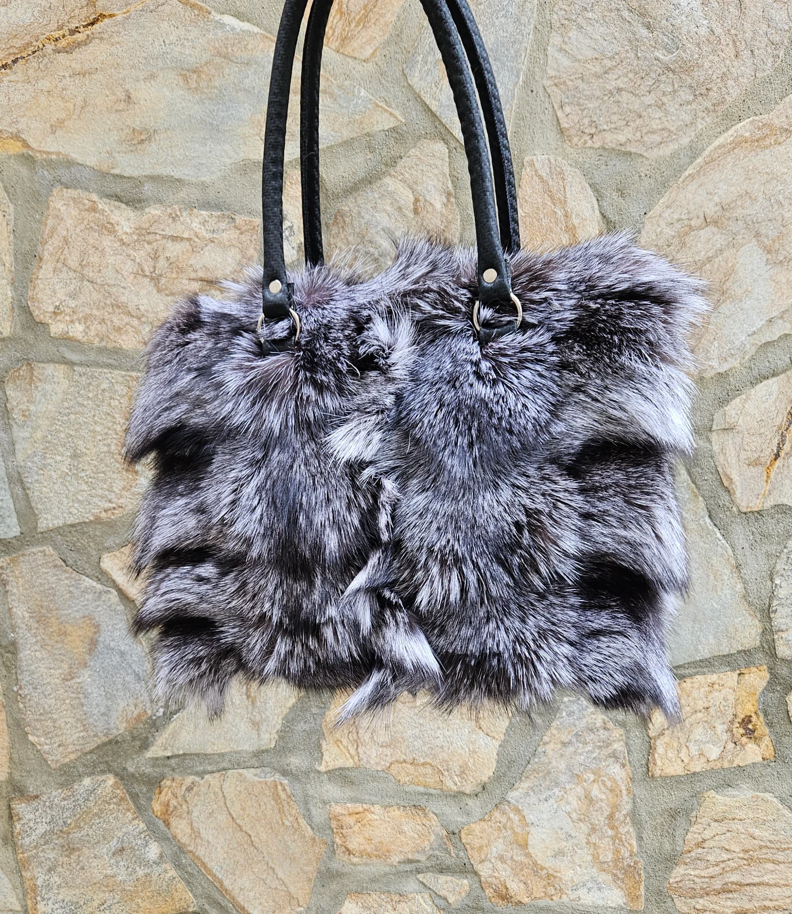 Real Fox - Rex Rabbit Fur Shoulder Bag with leather details in silver color - Image 2