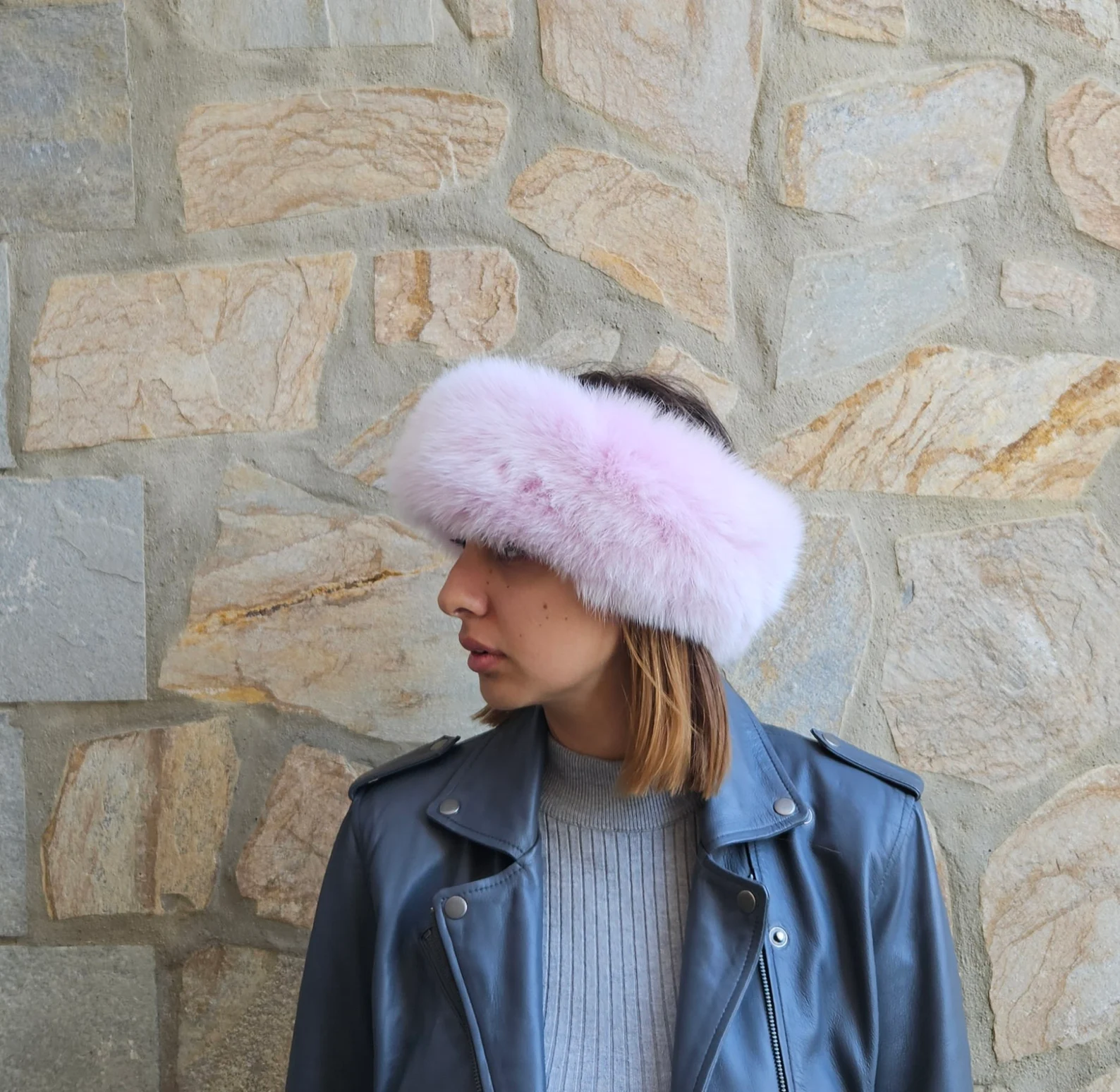 Real Fox Fur Headband in light pink color the ideal Winter Earwarmer Accessory. - Image 3