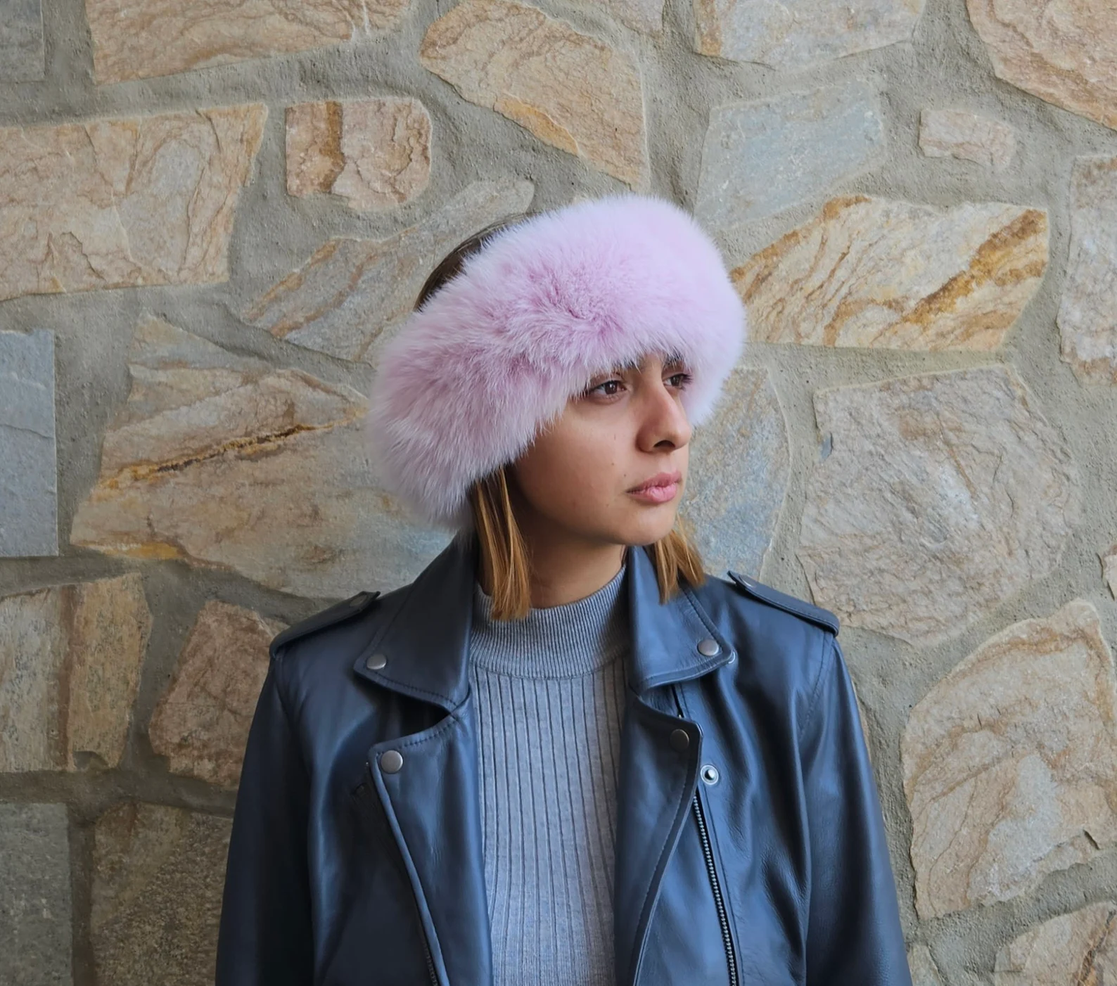 Real Fox Fur Headband in light pink color the ideal Winter Earwarmer Accessory.