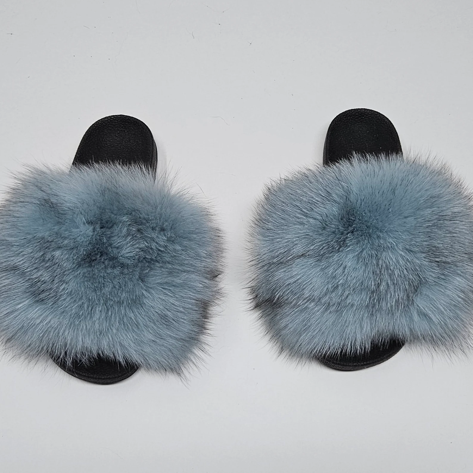 Real Fox Fur Slides in blue color - Image 3