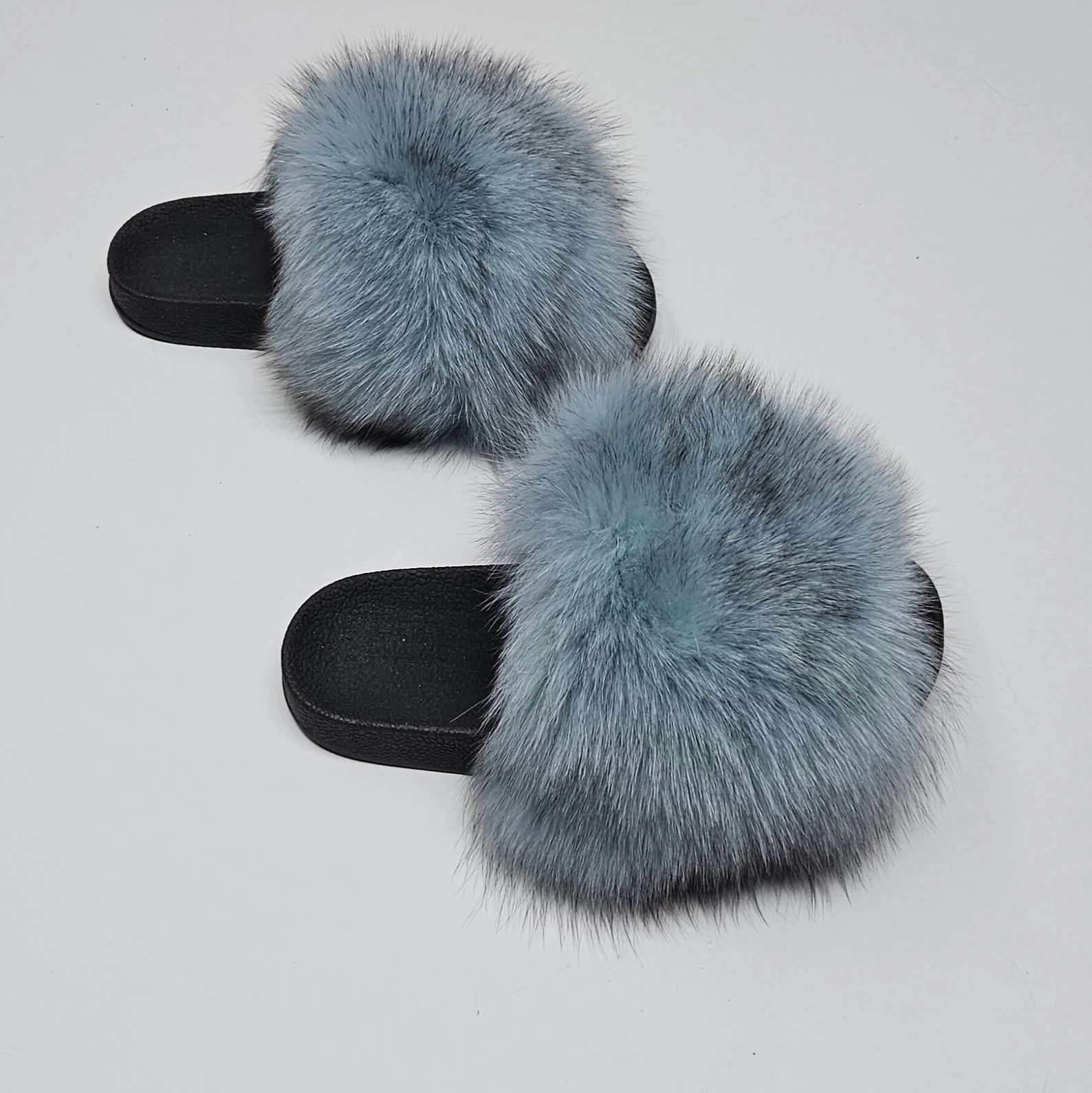 Real Fox Fur Slides in blue color - Image 2