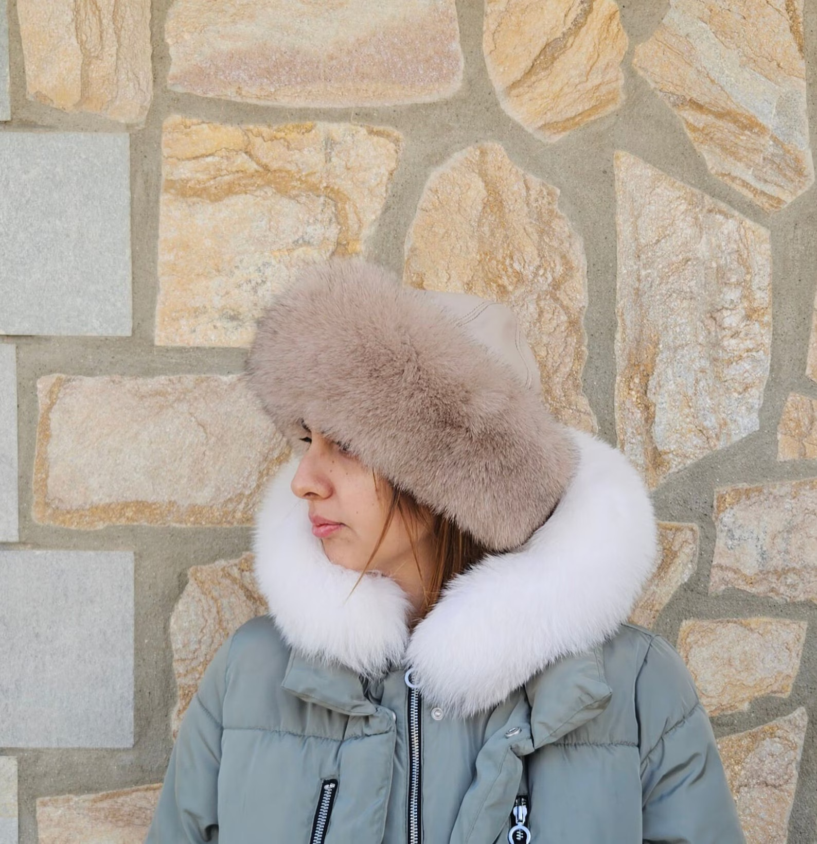 Real Fox Fur Hat with leather details