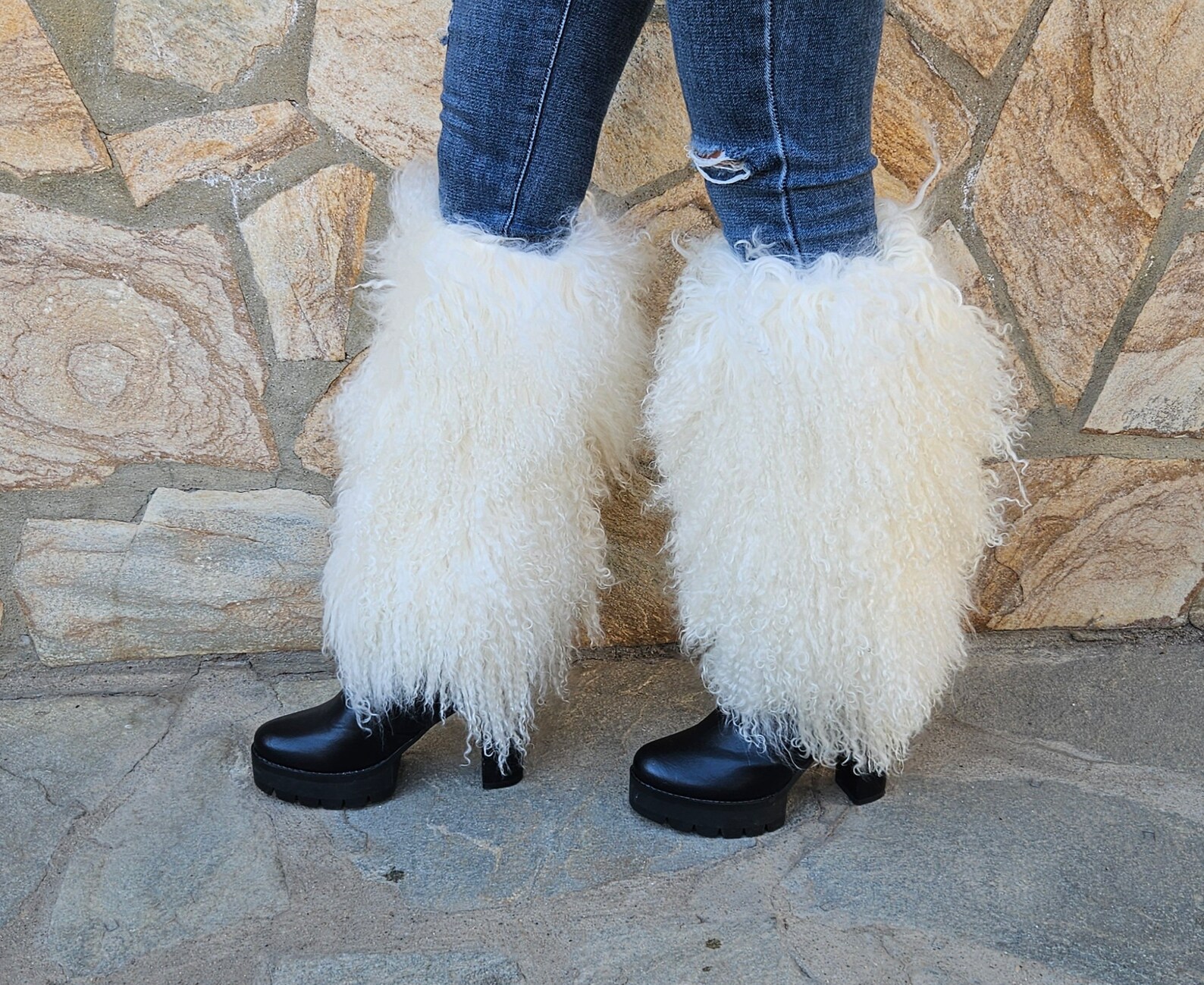 Real Fur Mongolian Big Boot Cuffs in white color - Image 4