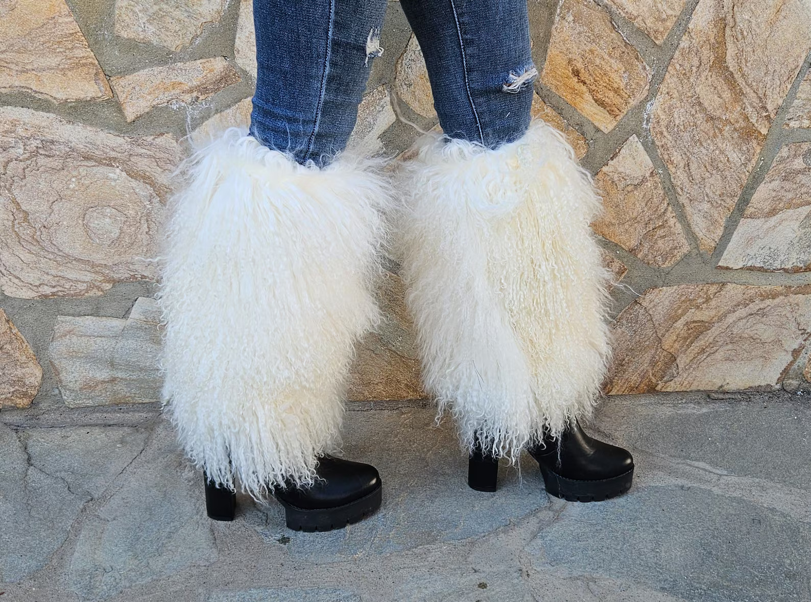 Real Fur Mongolian Big Boot Cuffs in white color