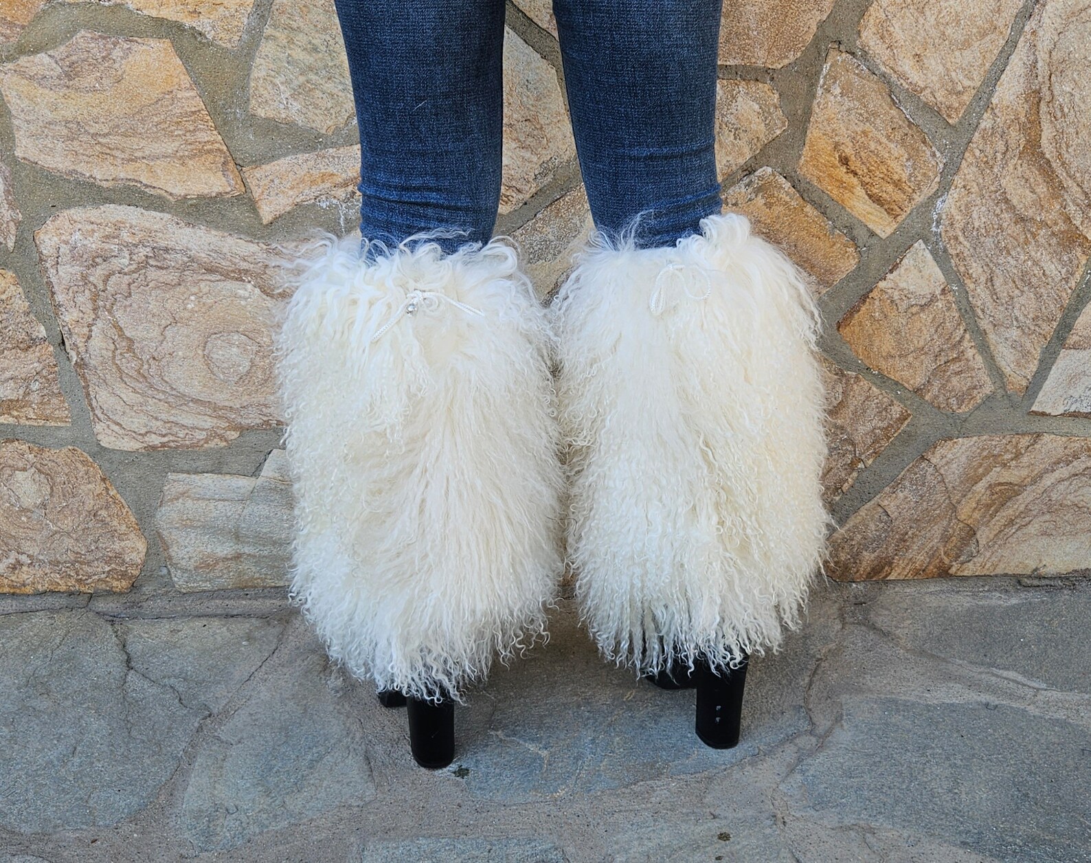Real Fur Mongolian Big Boot Cuffs in white color - Image 2