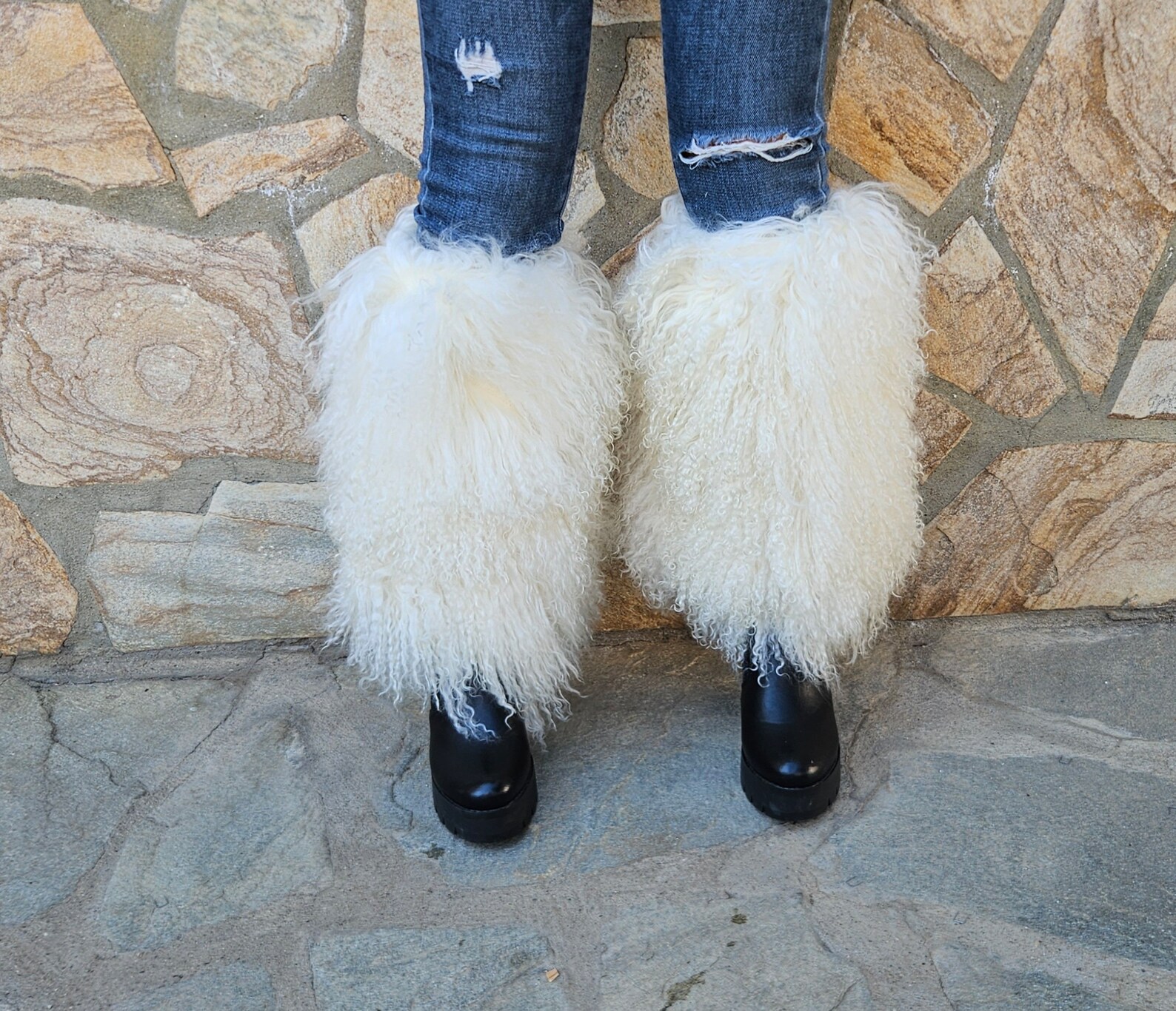 Real Fur Mongolian Big Boot Cuffs in white color - Image 3