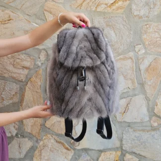 Real Mink Fur Backpack with leather details in gray color