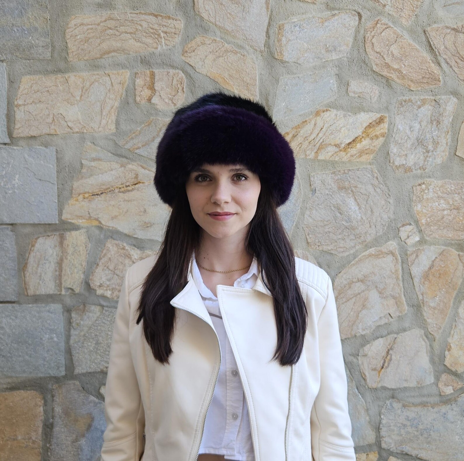 Real Mink - Fox Fur hat in purple and black color - Image 3
