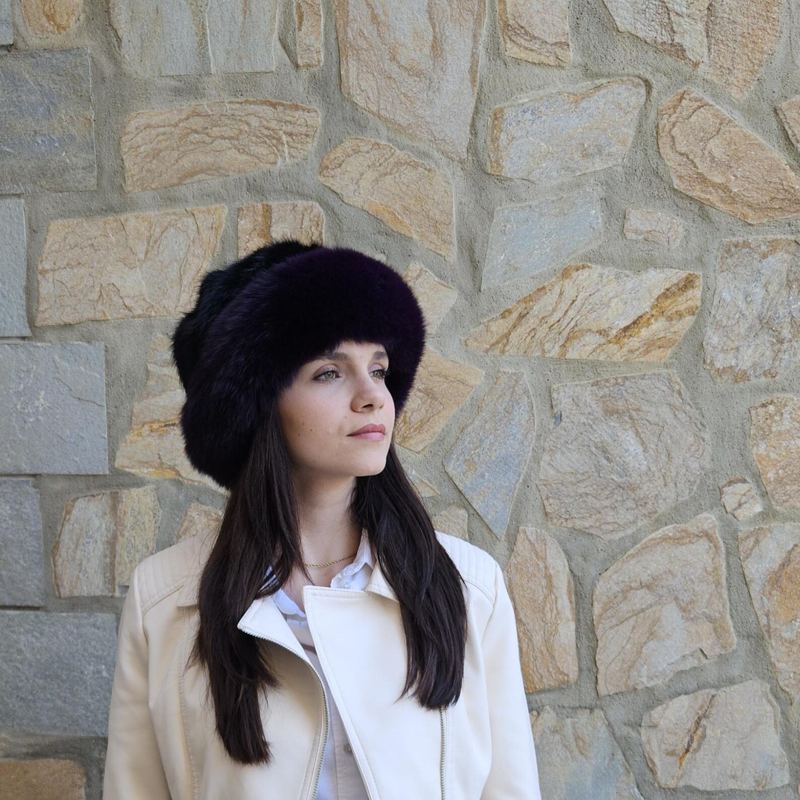 Real Mink - Fox Fur hat in purple and black color - Image 2