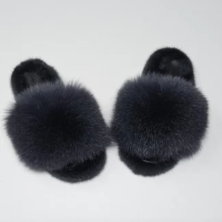 Real Fox - Mink Fur Slippers in black color