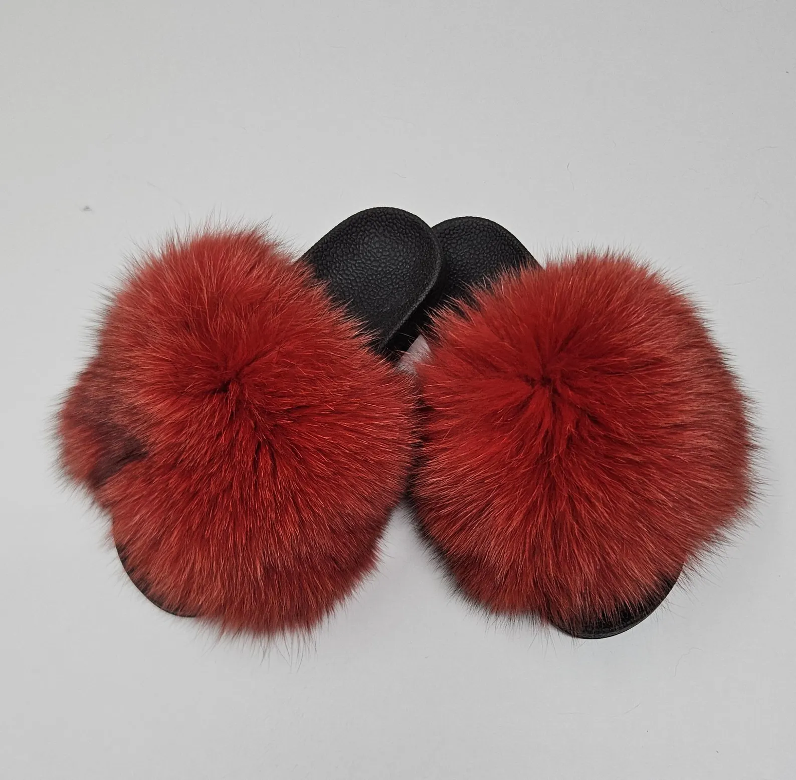 Real Fox Fur Slides in red color
