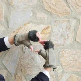Real Sheepskin Fur Fingerless Gloves in gray color