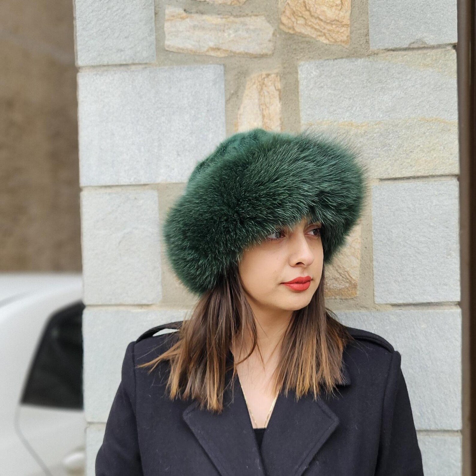 Real Mink - Fox Fur hat in green color