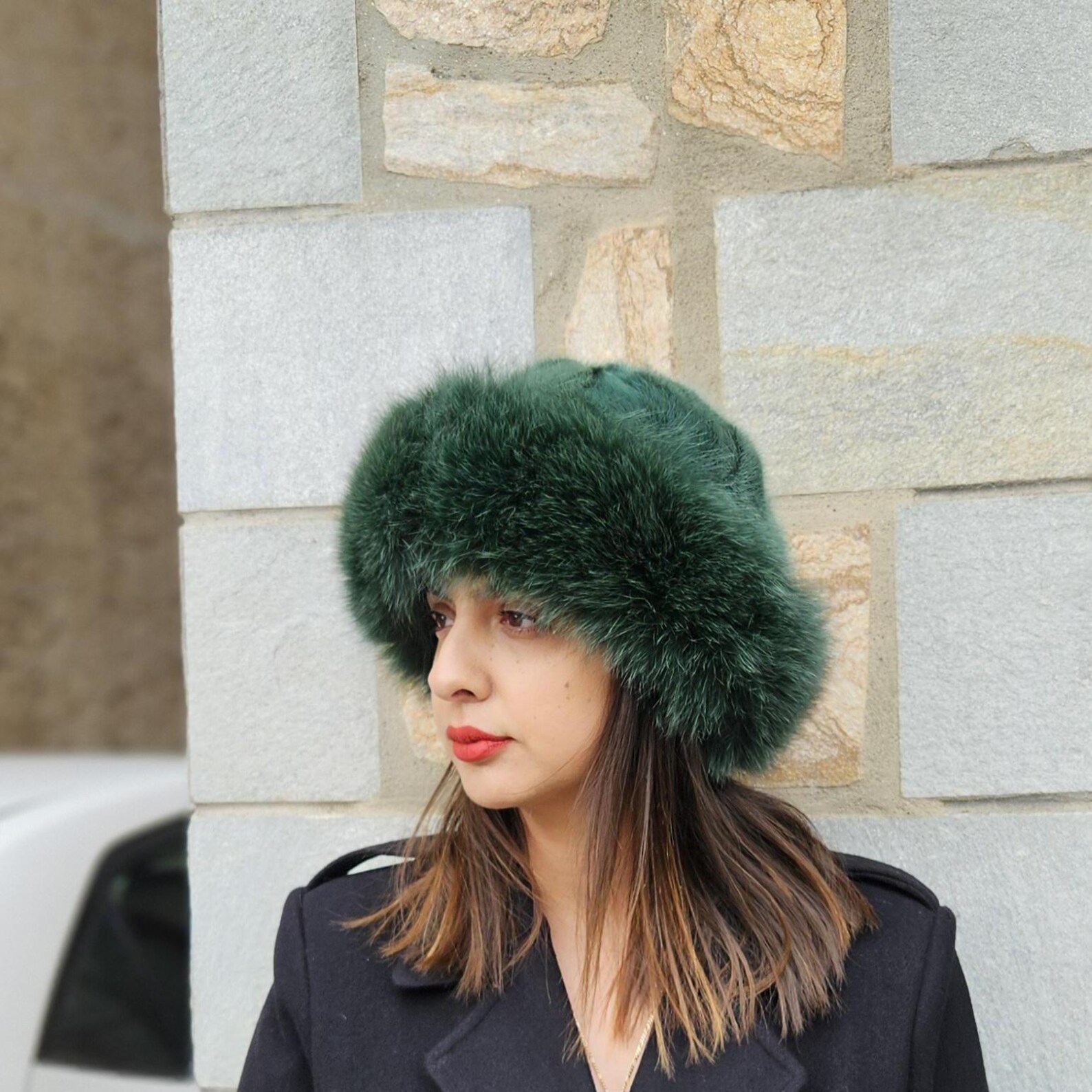 Real Mink - Fox Fur hat in green color - Image 3