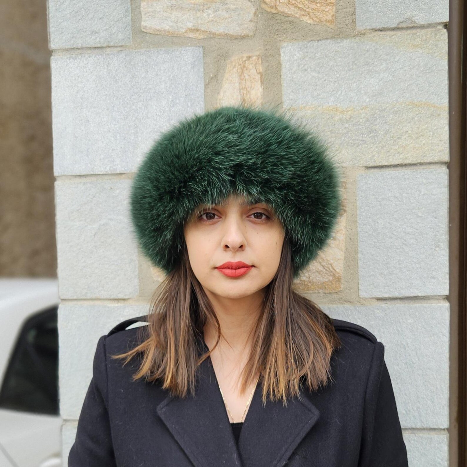 Real Mink - Fox Fur hat in green color - Image 2