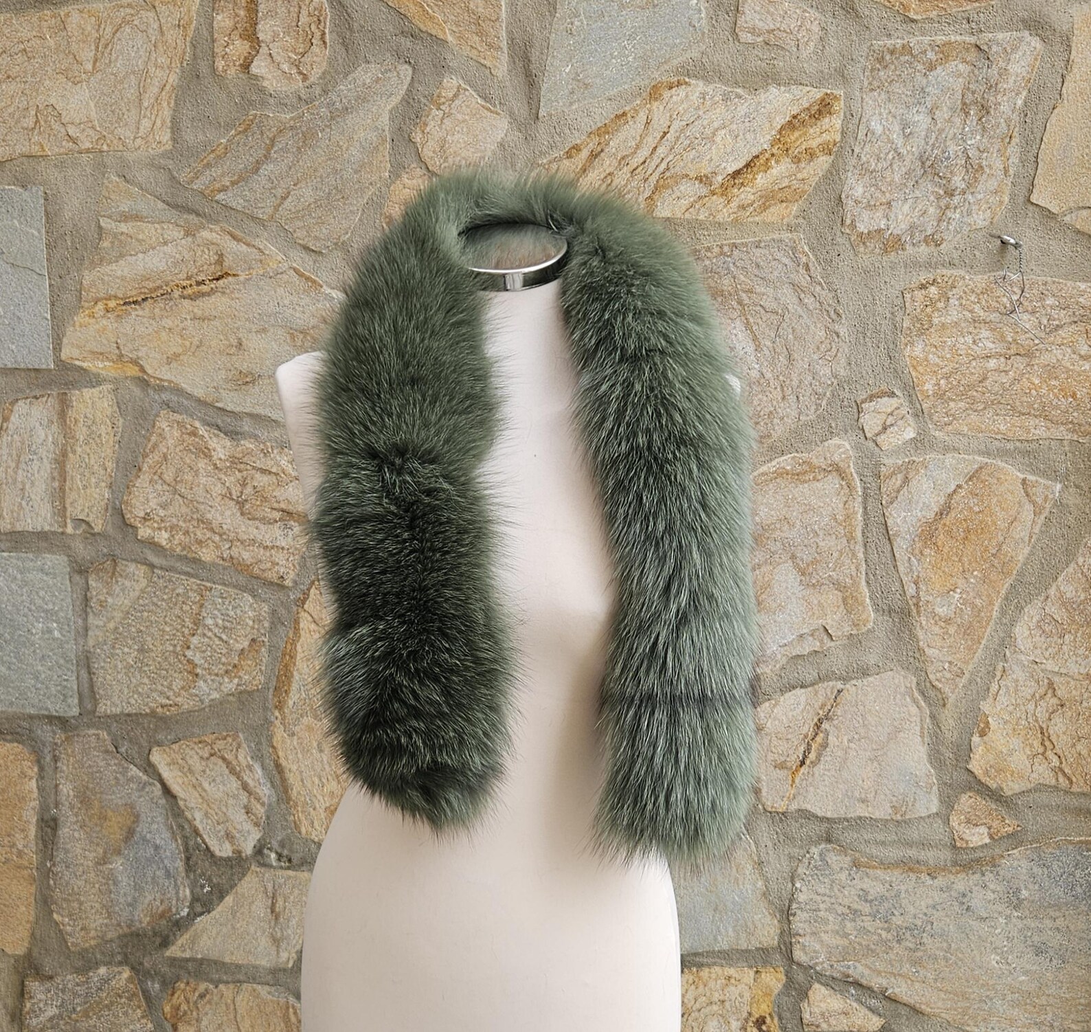 Real Fox Fur Trim Hood in green color - Image 3