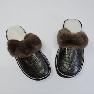 Real Sheepskin Fur Slippers in dark brown color