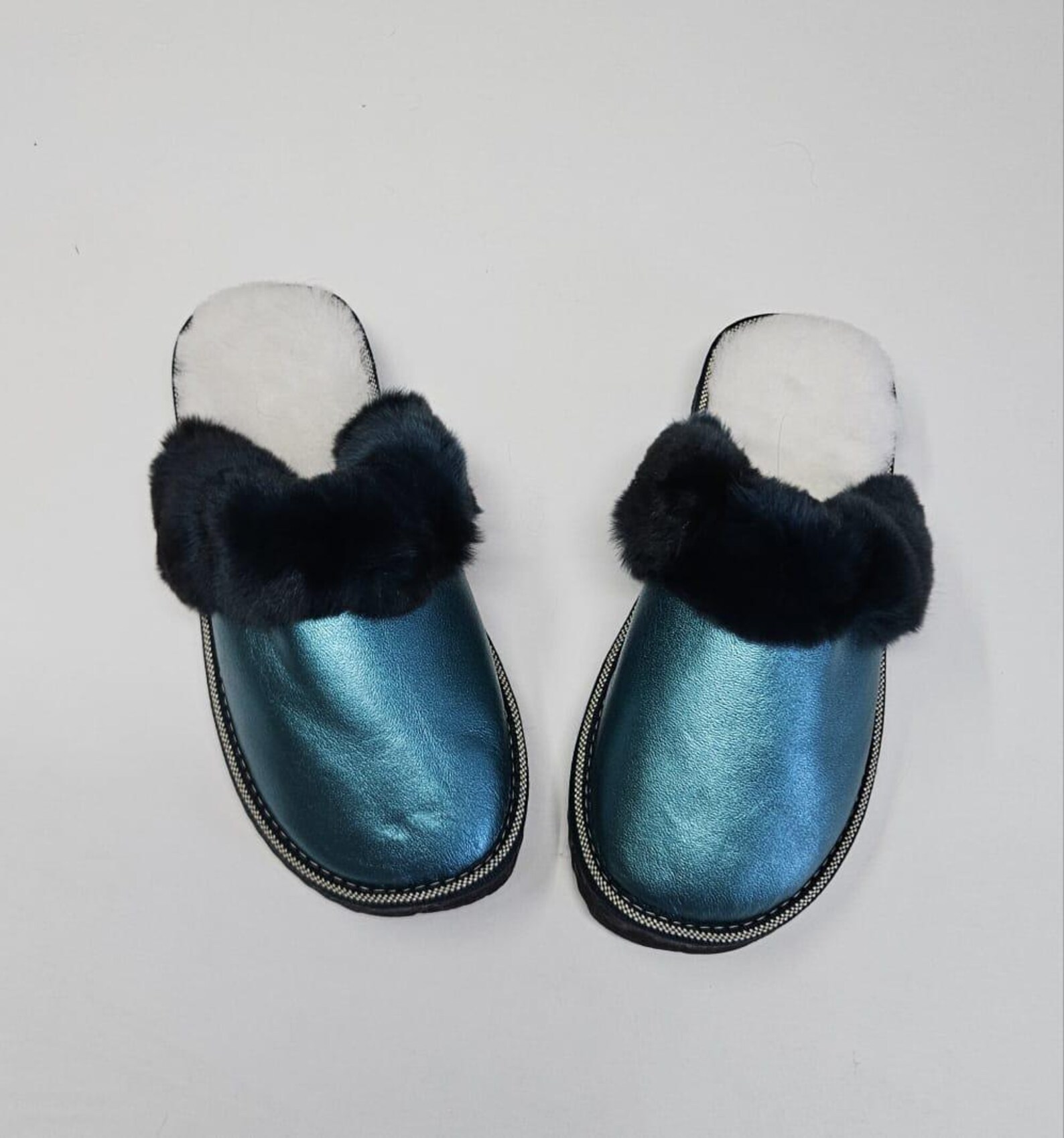 Real Sheepskin Fur Slippers in blue color