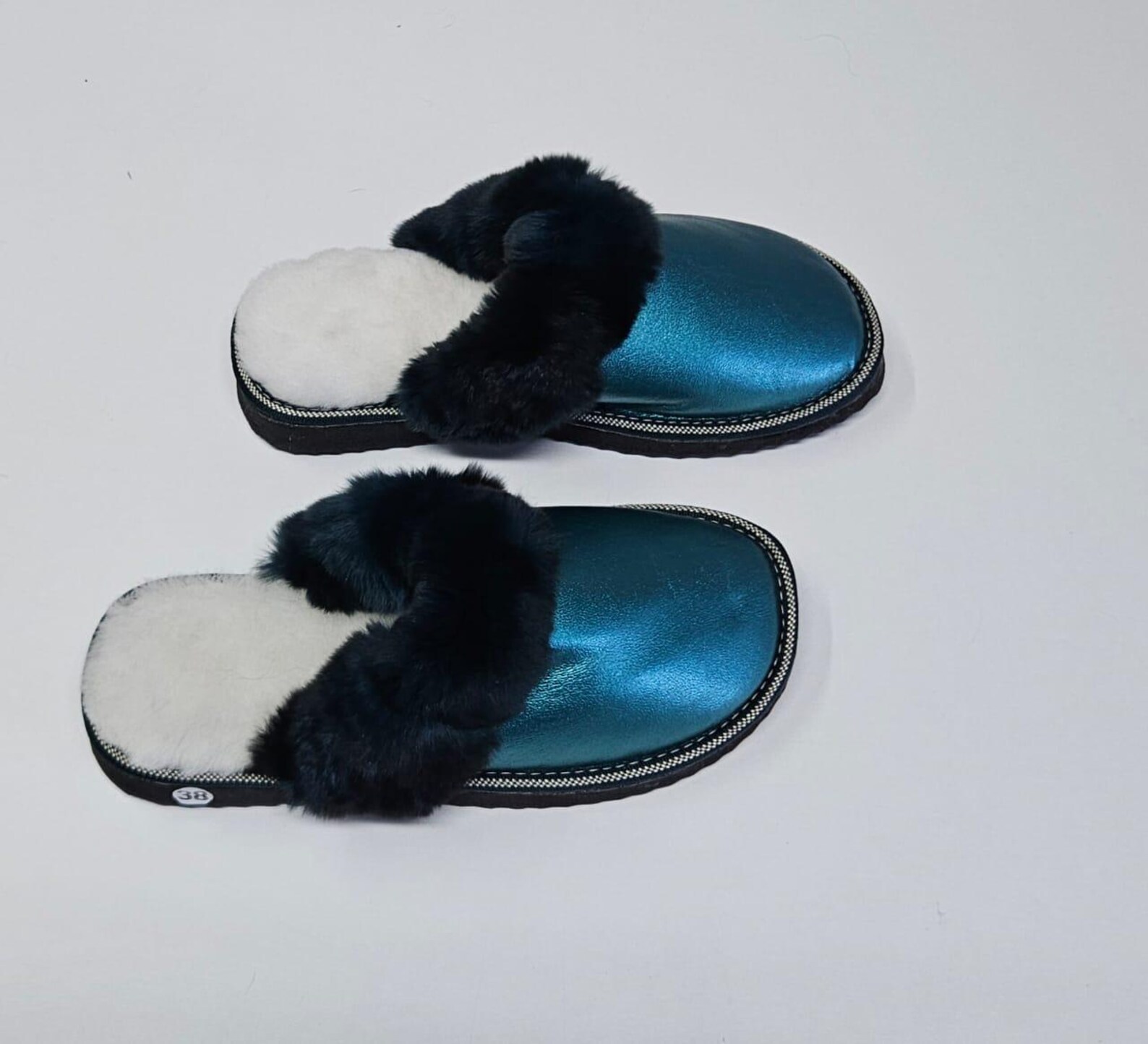 Real Sheepskin Fur Slippers in blue color - Image 2