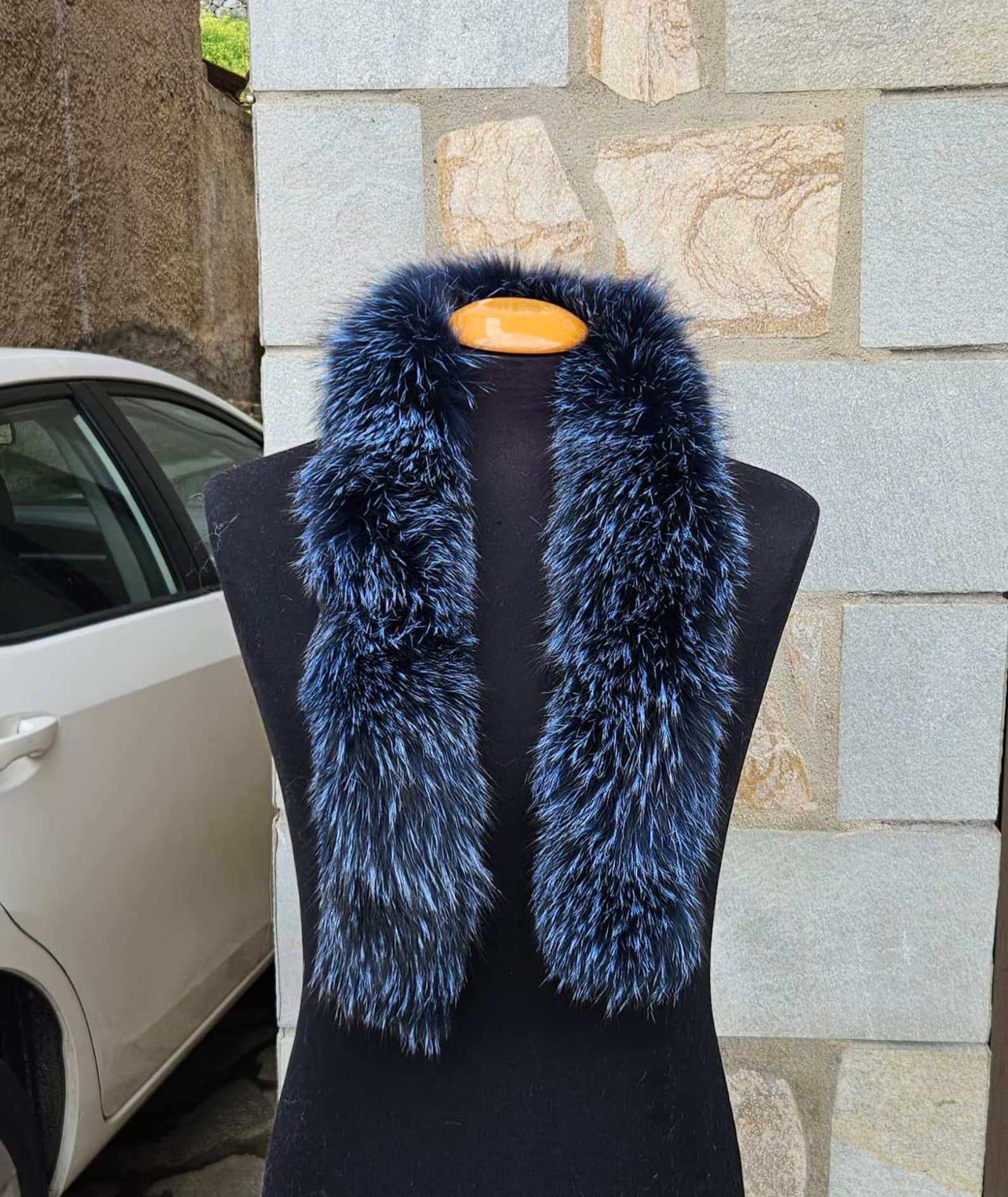 Real Fox Fur Trim Hood in blue color