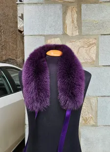 Real Fox Fur Collar with ribbon in purple color - Image 2