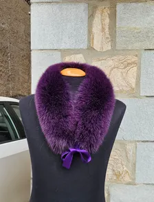 Real Fox Fur Collar with ribbon in purple color