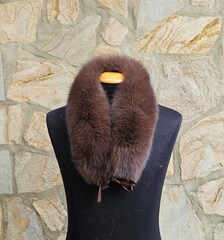Real Fox Fur Collar with ribbon in brown color