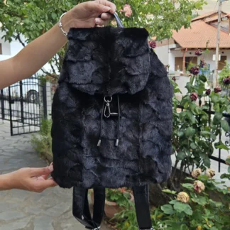Real Mink Fur Backpack with leather details in black color